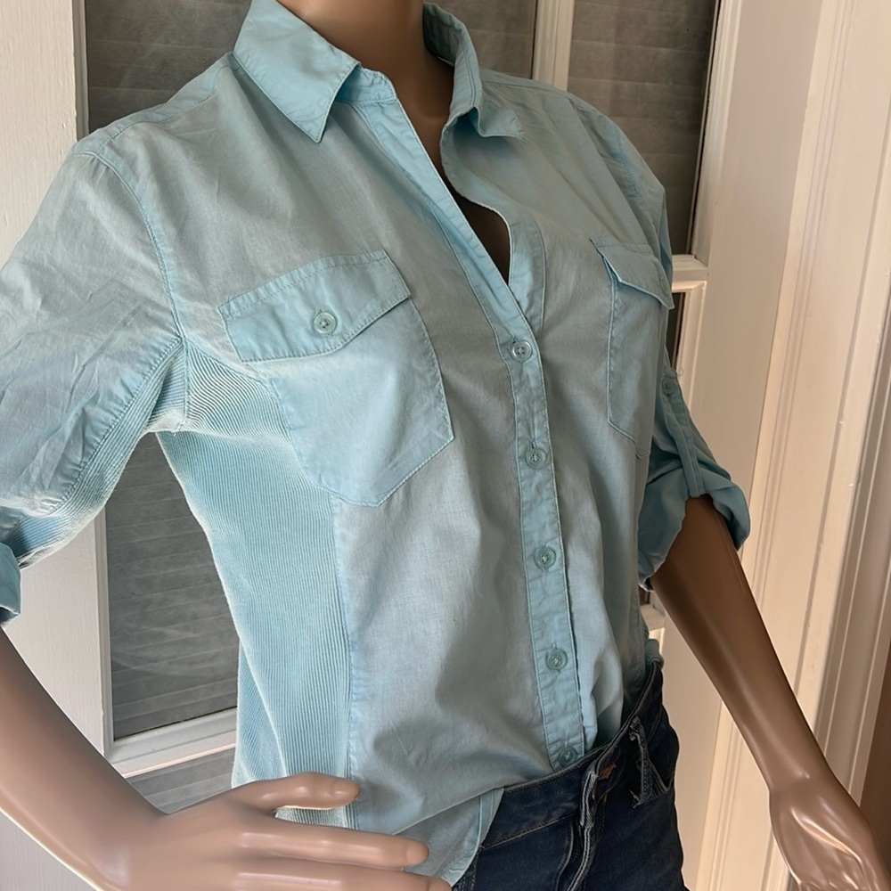 Classic elements, Aqua blue button down cotton 3/4 sleeve top SZ MP